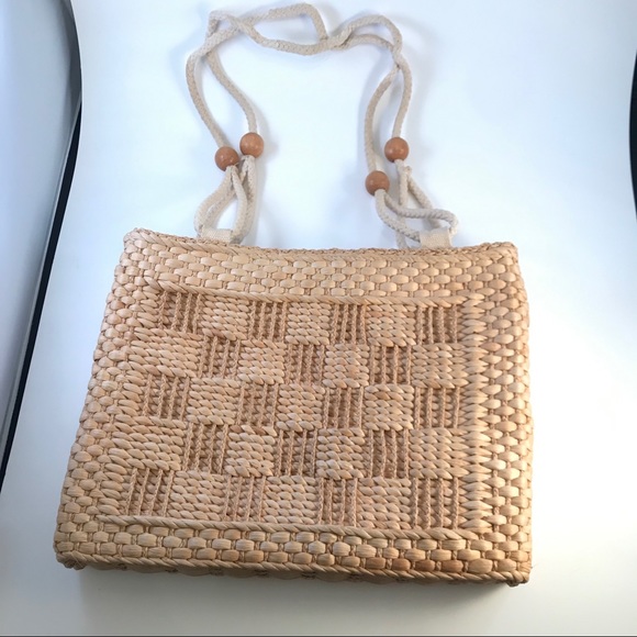 Vintage Handbags - Vintage Woven Straw Rattan Square Shoulder Purse